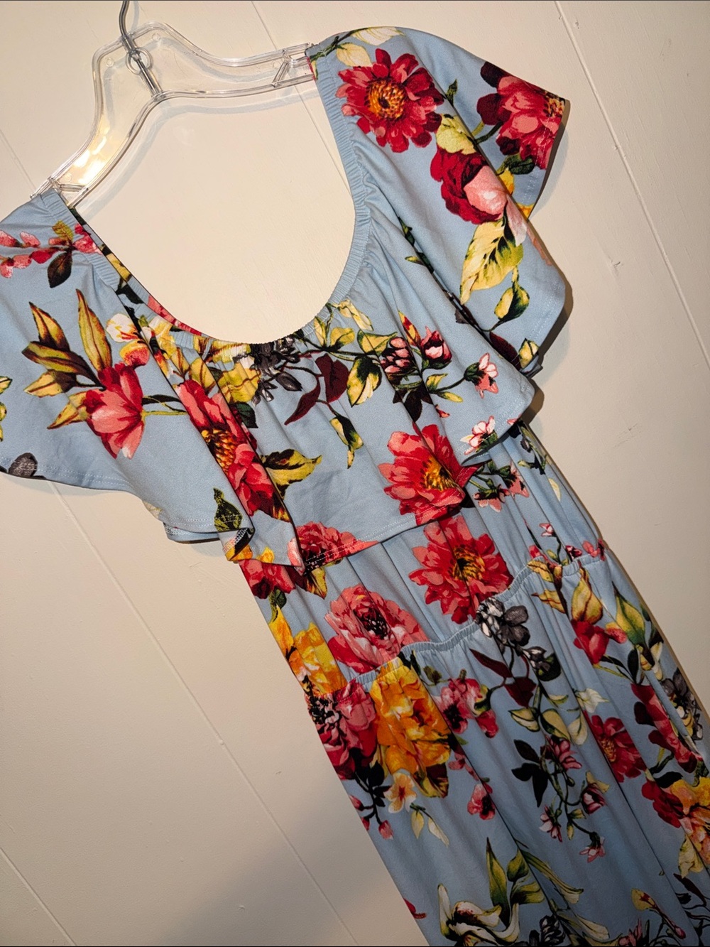 Floral Ruffle Maxi Dress - Light Blue with Pink & Yellow Flowers - Picture 3 of 3